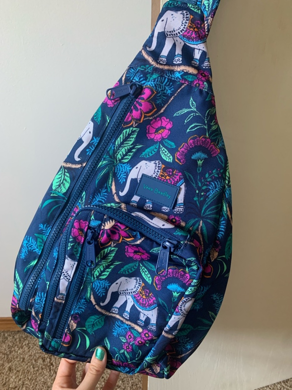 Vera Bradley Navy Elephant Floral Sling Bag with Teal and Pink Accents - Picture 2 of 7
